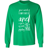 Bible Verse Long Shirt Ultra Cotton T-Shirt - "Psalm 119:105" Design 18 (White Font) - Meditate Healing Christian Store