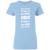 Bible Verse Ladies' 5.3 oz. T-Shirt - "Psalm 119:105" Design 6 (White Font) - Meditate Healing Christian Store