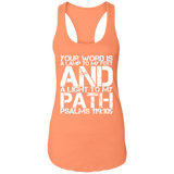 Bible Verse Ladies Ideal Racerback Tank - "Psalm 119:105" Design 7 (White Font) - Meditate Healing Christian Store