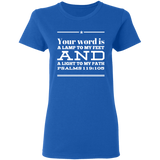 Bible Verse Ladies' 5.3 oz. T-Shirt - "Psalm 119:105" Design 10 (White Font) - Meditate Healing Christian Store