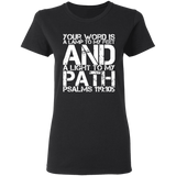 Bible Verse Ladies' 5.3 oz. T-Shirt - "Psalm 119:105" Design 7 (White Font) - Meditate Healing Christian Store