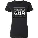 Bible Verse Ladies' 5.3 oz. T-Shirt - "Psalm 119:105" Design 11 (White Font) - Meditate Healing Christian Store