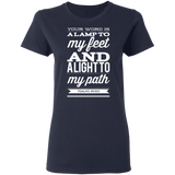 Bible Verse Ladies' 5.3 oz. T-Shirt - "Psalm 119:105" Design 15 (White Font) - Meditate Healing Christian Store