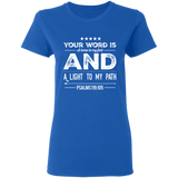Bible Verse Ladies' 5.3 oz. T-Shirt - "Psalm 119:105" Design 16 (White Font) - Meditate Healing Christian Store