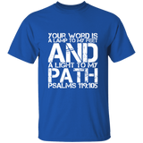 Bible Verse Men 5.3 oz. T-Shirt - "Psalm 119:105" Design 7 (White Font) - Meditate Healing Christian Store