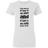 Bible Verse Ladies' 5.3 oz. T-Shirt - "Psalm 119:105" Design 6 (Black Font) - Meditate Healing Christian Store