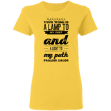 Bible Verse Ladies' 5.3 oz. T-Shirt - "Psalm 119:105" Design 17 (Black Font) - Meditate Healing Christian Store