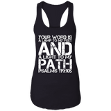 Bible Verse Ladies Ideal Racerback Tank - "Psalm 119:105" Design 7 (White Font) - Meditate Healing Christian Store