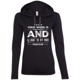 Bible Verse Ladies' Long Sleeve T-Shirt Hoodie - "Psalm 119:105" Design 16 (White Font) - Meditate Healing Christian Store