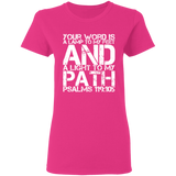 Bible Verse Ladies' 5.3 oz. T-Shirt - "Psalm 119:105" Design 7 (White Font) - Meditate Healing Christian Store