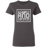 Bible Verse Ladies' 5.3 oz. T-Shirt - "Psalm 119:105" Design 12 (White Font) - Meditate Healing Christian Store