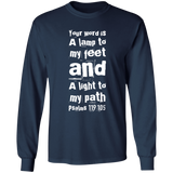 Bible Verse Long Shirt Ultra Cotton T-Shirt - "Psalm 119:105" Design 6 (White Font) - Meditate Healing Christian Store