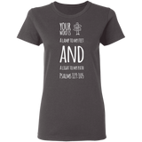 Bible Verse Ladies' 5.3 oz. T-Shirt - "Psalm 119:105" Design 19 (White Font) - Meditate Healing Christian Store