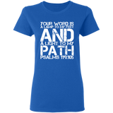 Bible Verse Ladies' 5.3 oz. T-Shirt - "Psalm 119:105" Design 7 (White Font) - Meditate Healing Christian Store