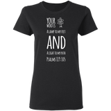 Bible Verse Ladies' 5.3 oz. T-Shirt - "Psalm 119:105" Design 19 (White Font) - Meditate Healing Christian Store