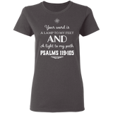 Bible Verse Ladies' 5.3 oz. T-Shirt - "Psalm 119:105" Design 5 (White Font) - Meditate Healing Christian Store