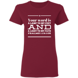 Bible Verse Ladies' 5.3 oz. T-Shirt - "Psalm 119:105" Design 10 (White Font) - Meditate Healing Christian Store