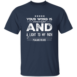 Bible Verse Men 5.3 oz. T-Shirt - "Psalm 119:105" Design 16 (White Font) - Meditate Healing Christian Store