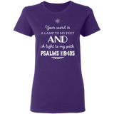 Bible Verse Ladies' 5.3 oz. T-Shirt - "Psalm 119:105" Design 5 (White Font) - Meditate Healing Christian Store