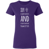 Bible Verse Ladies' 5.3 oz. T-Shirt - "Psalm 119:105" Design 19 (White Font) - Meditate Healing Christian Store
