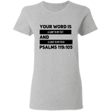 Bible Verse Ladies' 5.3 oz. T-Shirt - "Psalm 119:105" Design 21 (Black Font) - Meditate Healing Christian Store