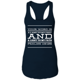 Bible Verse Ladies Ideal Racerback Tank - "Psalm 119:105" Design 11 (White Font) - Meditate Healing Christian Store