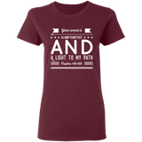 Bible Verse Ladies' 5.3 oz. T-Shirt - "Psalm 119:105" Design 14 (White Font) - Meditate Healing Christian Store