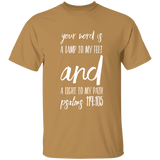 Bible Verse Men 5.3 oz. T-Shirt - "Psalm 119:105" Design 9 (White Font) - Meditate Healing Christian Store