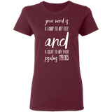 Bible Verse Ladies' 5.3 oz. T-Shirt - "Psalm 119:105" Design 9 (White Font) - Meditate Healing Christian Store