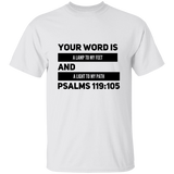 Bible Verse Men 5.3 oz. T-Shirt - "Psalm 119:105" Design 21 (Black Font) - Meditate Healing Christian Store