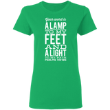 Bible Verse Ladies' 5.3 oz. T-Shirt - "Psalm 119:105" Design 4 (White Font) - Meditate Healing Christian Store