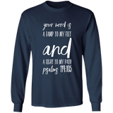 Bible Verse Long Shirt Ultra Cotton T-Shirt - "Psalm 119:105" Design 9 (White Font) - Meditate Healing Christian Store