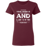 Bible Verse Ladies' 5.3 oz. T-Shirt - "Psalm 119:105" Design 16 (White Font) - Meditate Healing Christian Store