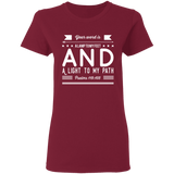Bible Verse Ladies' 5.3 oz. T-Shirt - "Psalm 119:105" Design 14 (White Font) - Meditate Healing Christian Store