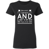 Bible Verse Ladies' 5.3 oz. T-Shirt - "Psalm 119:105" Design 14 (White Font) - Meditate Healing Christian Store