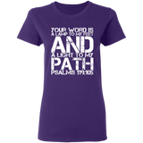 Bible Verse Ladies' 5.3 oz. T-Shirt - "Psalm 119:105" Design 7 (White Font) - Meditate Healing Christian Store