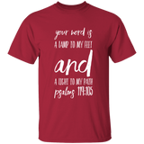 Bible Verse Men 5.3 oz. T-Shirt - "Psalm 119:105" Design 9 (White Font) - Meditate Healing Christian Store