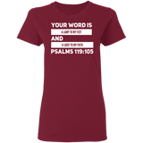 Bible Verse Ladies' 5.3 oz. T-Shirt - "Psalm 119:105" Design 21 (White Font) - Meditate Healing Christian Store