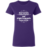 Bible Verse Ladies' 5.3 oz. T-Shirt - "Psalm 119:105" Design 1 (White Font) - Meditate Healing Christian Store