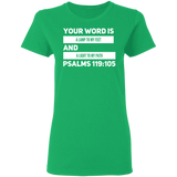 Bible Verse Ladies' 5.3 oz. T-Shirt - "Psalm 119:105" Design 21 (White Font) - Meditate Healing Christian Store