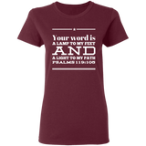 Bible Verse Ladies' 5.3 oz. T-Shirt - "Psalm 119:105" Design 10 (White Font) - Meditate Healing Christian Store