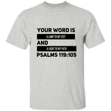 Bible Verse Men 5.3 oz. T-Shirt - "Psalm 119:105" Design 21 (Black Font) - Meditate Healing Christian Store