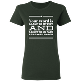 Bible Verse Ladies' 5.3 oz. T-Shirt - "Psalm 119:105" Design 10 (White Font) - Meditate Healing Christian Store