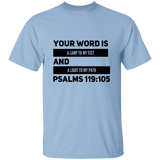 Bible Verse Men 5.3 oz. T-Shirt - "Psalm 119:105" Design 21 (Black Font) - Meditate Healing Christian Store