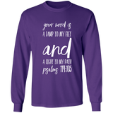 Bible Verse Long Shirt Ultra Cotton T-Shirt - "Psalm 119:105" Design 9 (White Font) - Meditate Healing Christian Store