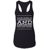 Bible Verse Ladies Ideal Racerback Tank - "Psalm 119:105" Design 11 (White Font) - Meditate Healing Christian Store