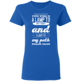 Bible Verse Ladies' 5.3 oz. T-Shirt - "Psalm 119:105" Design 17 (White Font) - Meditate Healing Christian Store
