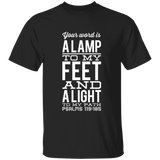 Bible Verse Men 5.3 oz. T-Shirt - "Psalm 119:105" Design 4 (White Font) - Meditate Healing Christian Store