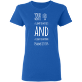 Bible Verse Ladies' 5.3 oz. T-Shirt - "Psalm 119:105" Design 19 (White Font) - Meditate Healing Christian Store