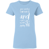 Bible Verse Ladies' 5.3 oz. T-Shirt - "Psalm 119:105" Design 18 (White Font) - Meditate Healing Christian Store